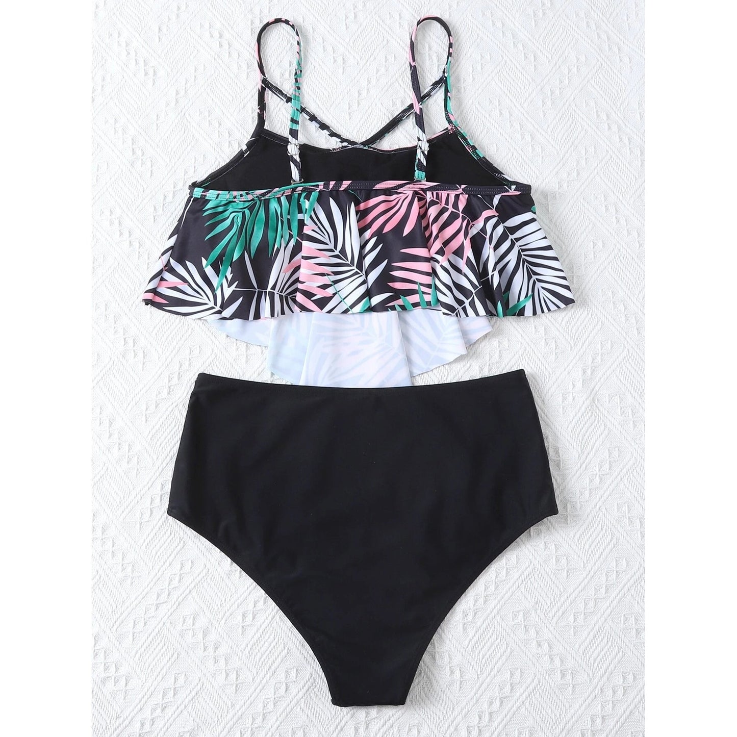 Leaf Print Hanky Hem High Waisted Bikini Swimsuit