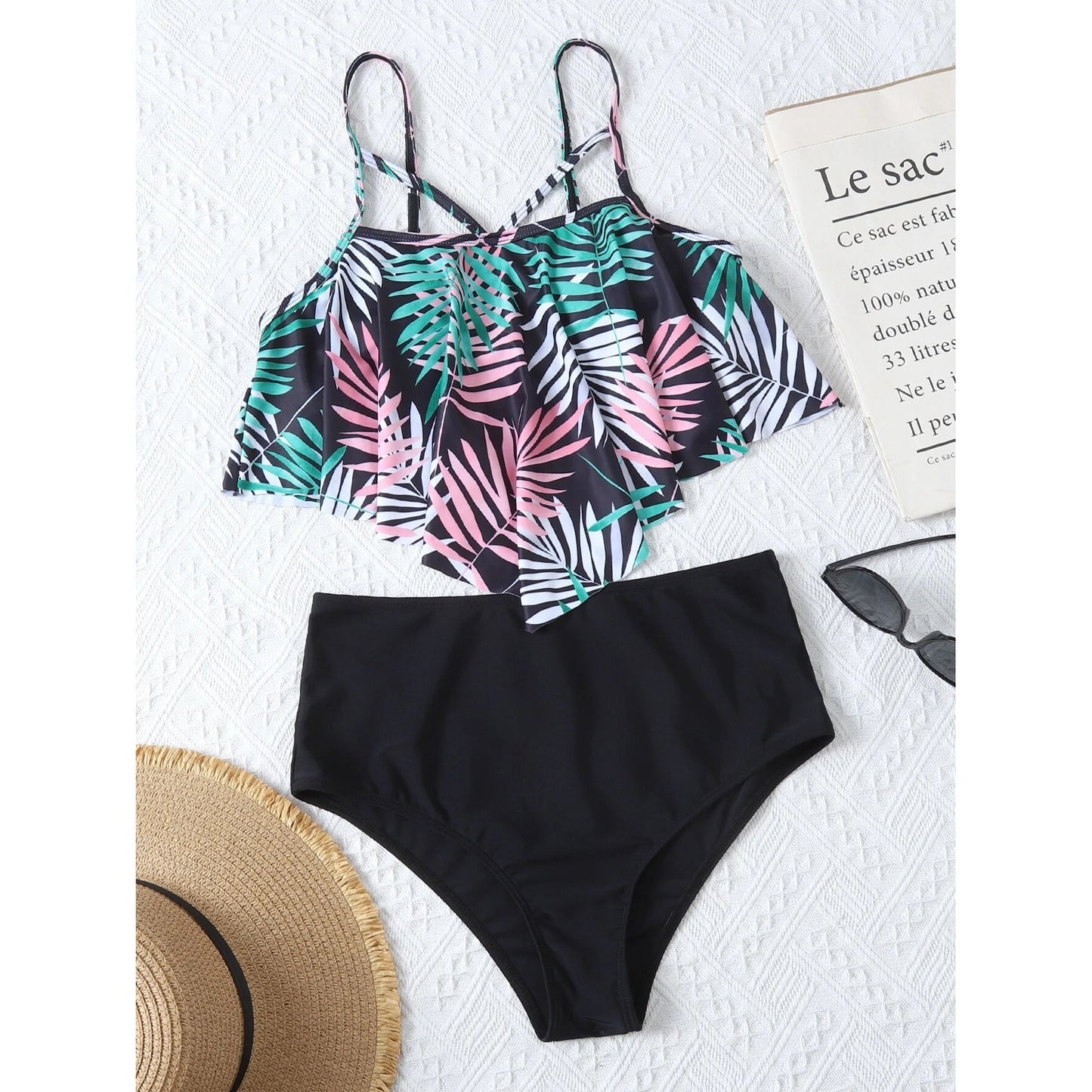 Leaf Print Hanky Hem High Waisted Bikini Swimsuit