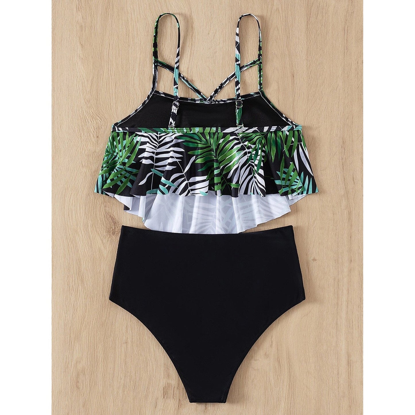 Leaf Print Hanky Hem High Waisted Bikini Swimsuit