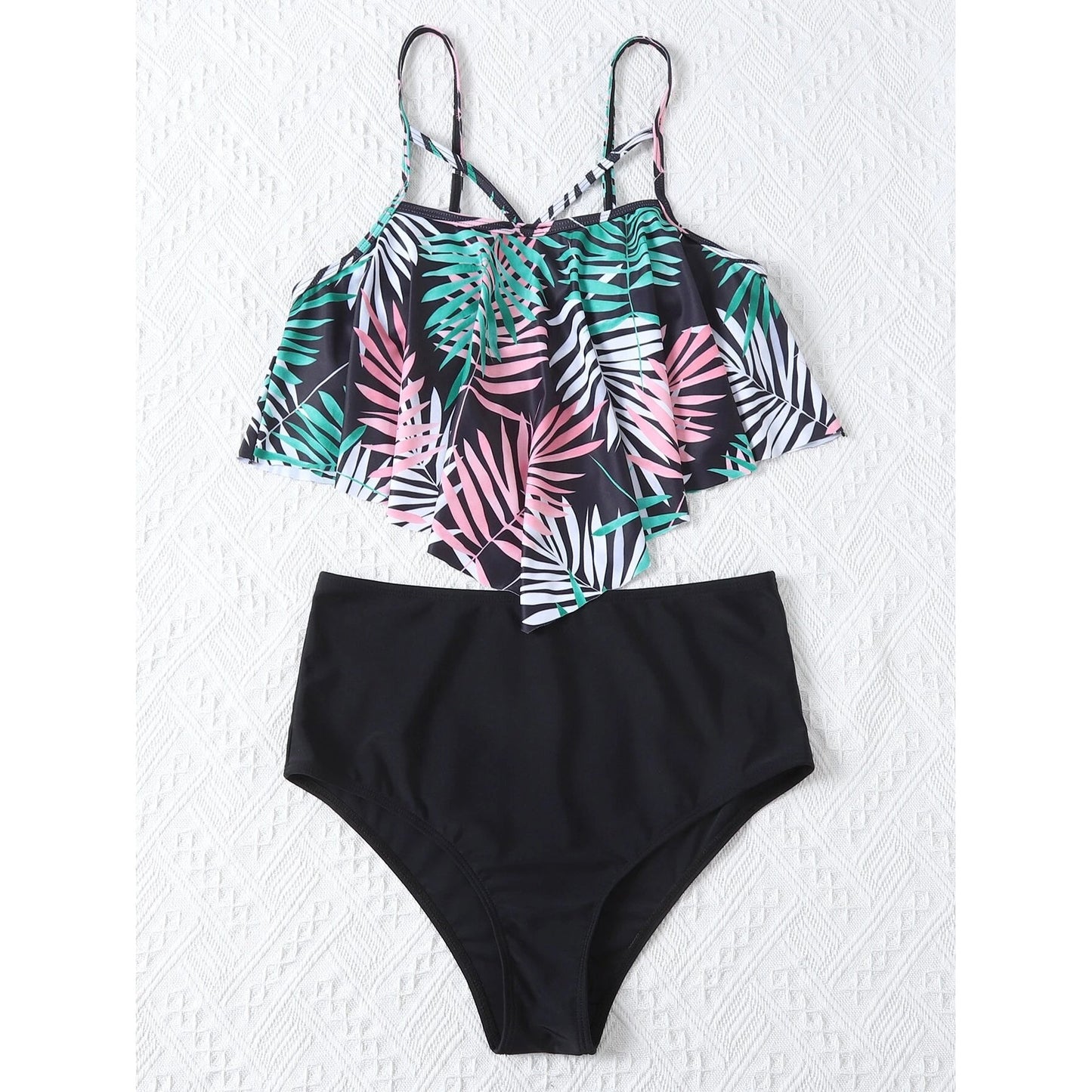 Leaf Print Hanky Hem High Waisted Bikini Swimsuit