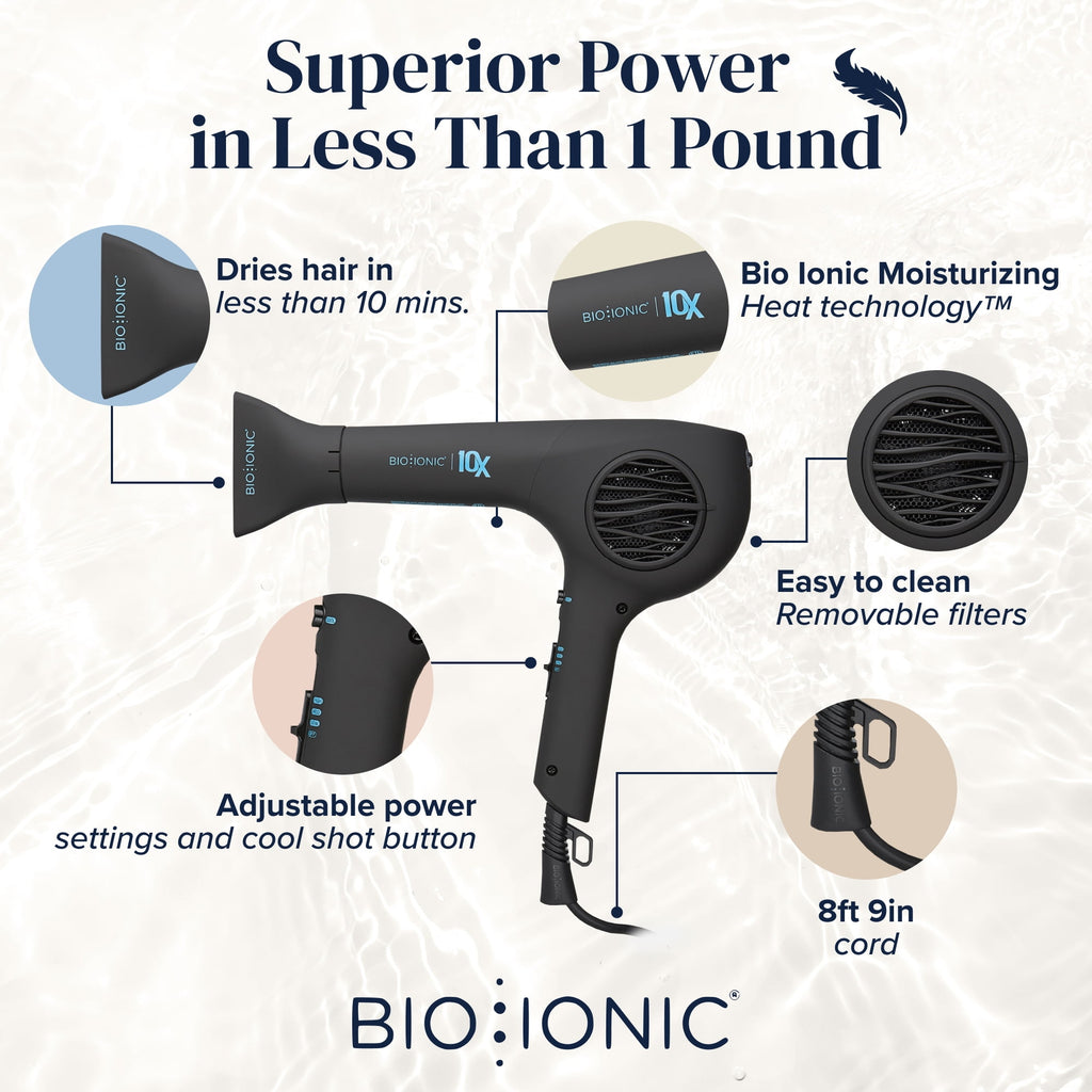Bio Ionic 10X UltraLight Speed Hair Dryer, Adjustable Heat & Frizz-Control Professional Hair Dryer