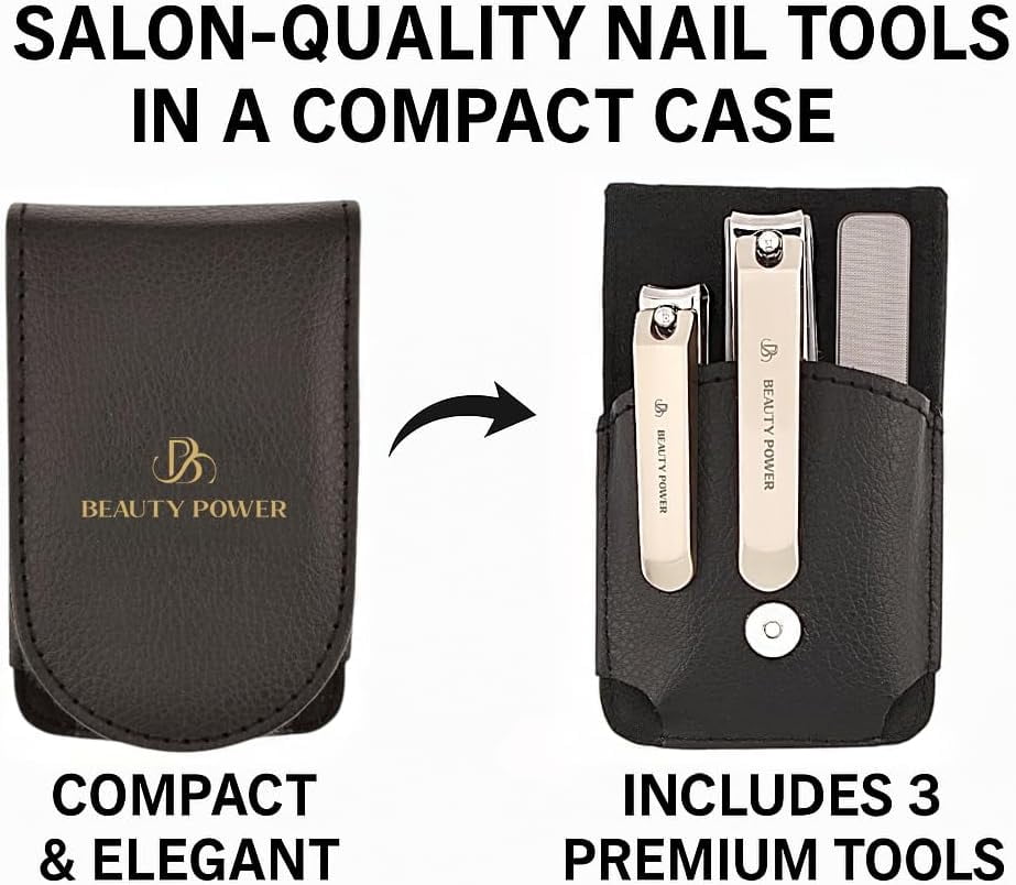 Beauty Power Nail Clippers Set 3 in 1 - Stainless Steel Toe Nail Clippers, Fingernail Clipper, Glass Nail File, Anti Splash, Ergonomic Grip in PU Leather Travel Case for Men & Women (Black)