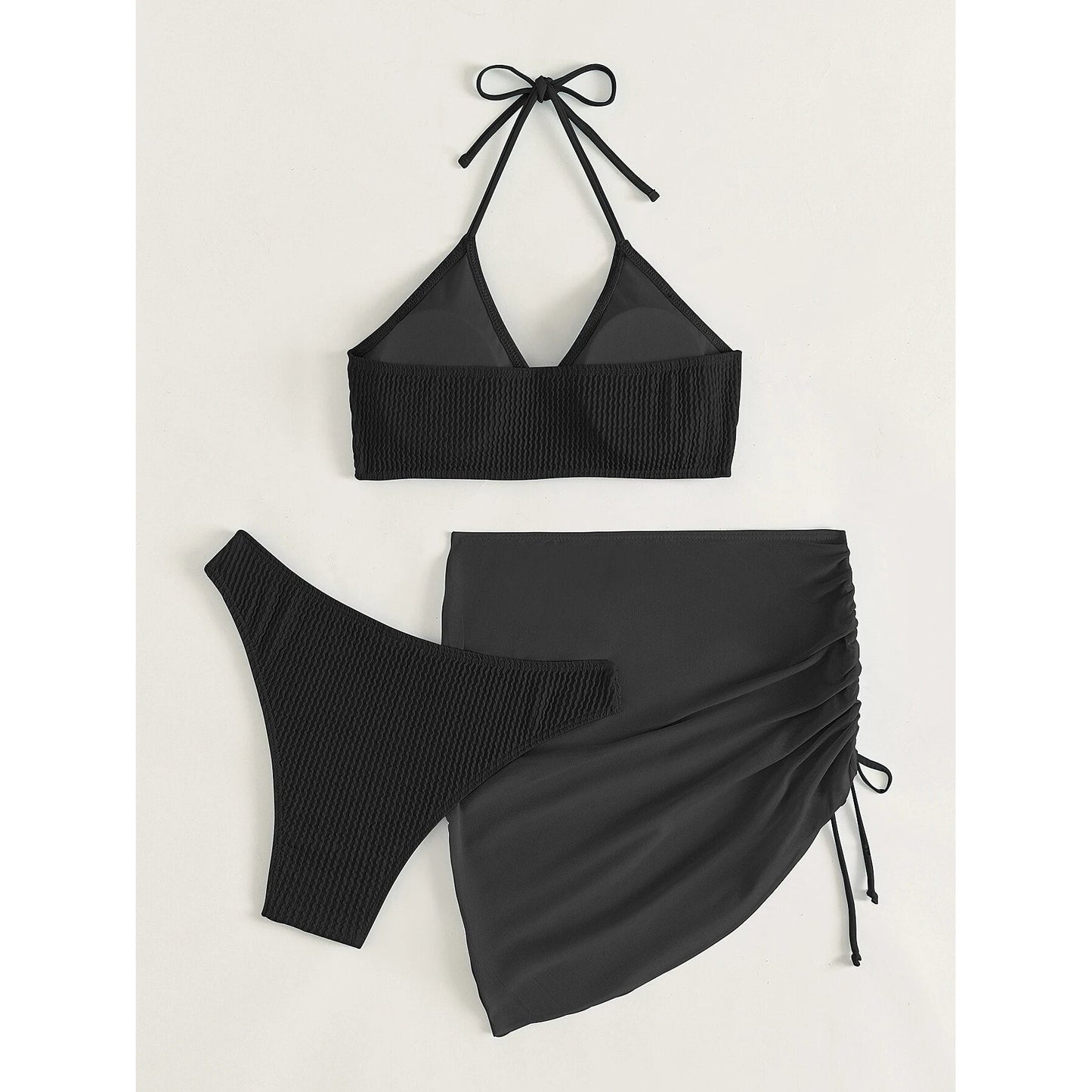 3-Pack: Textured Ring Linked Halter Bikini Swimsuit & Beach Skirt