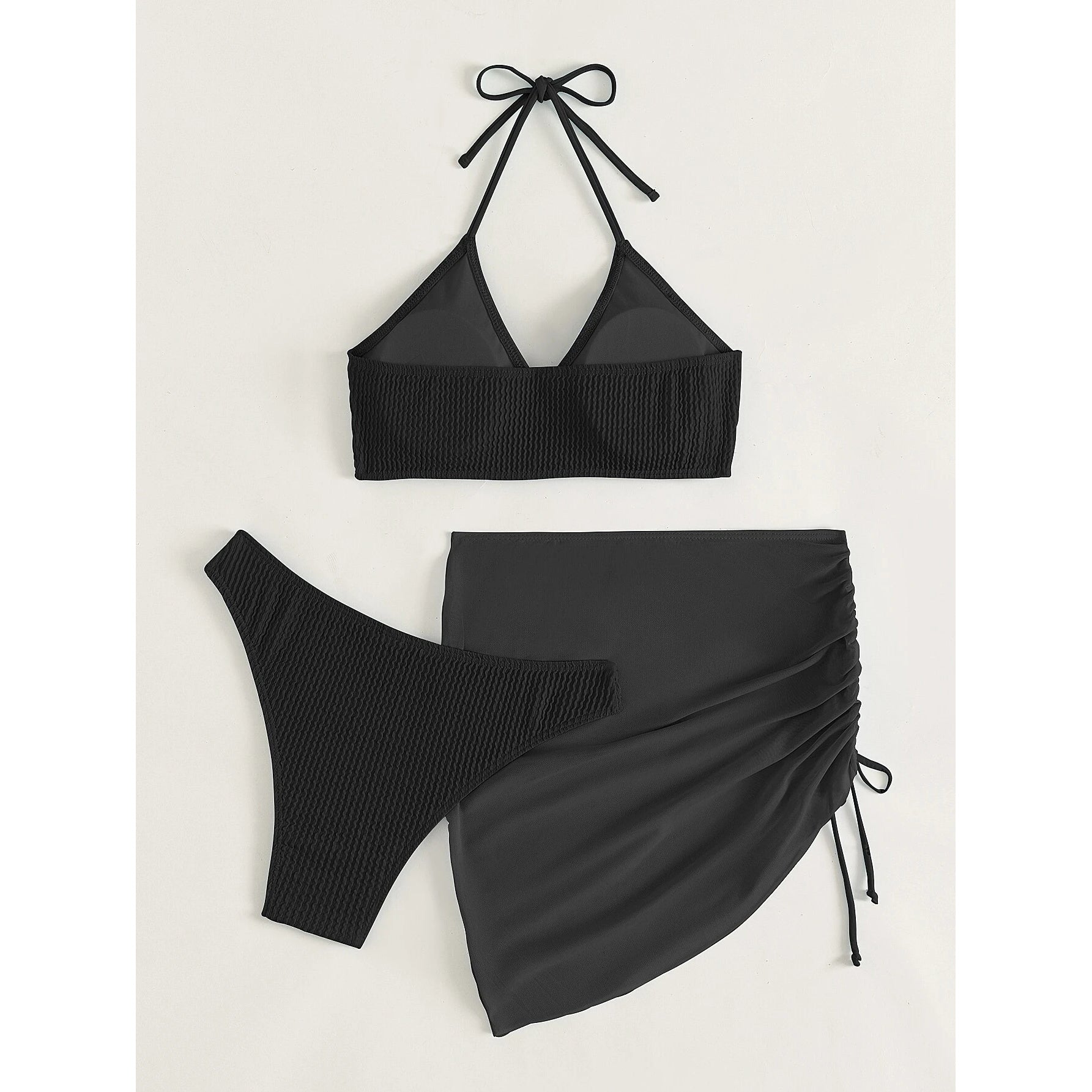 3-Pack: Textured Ring Linked Halter Bikini Swimsuit & Beach Skirt