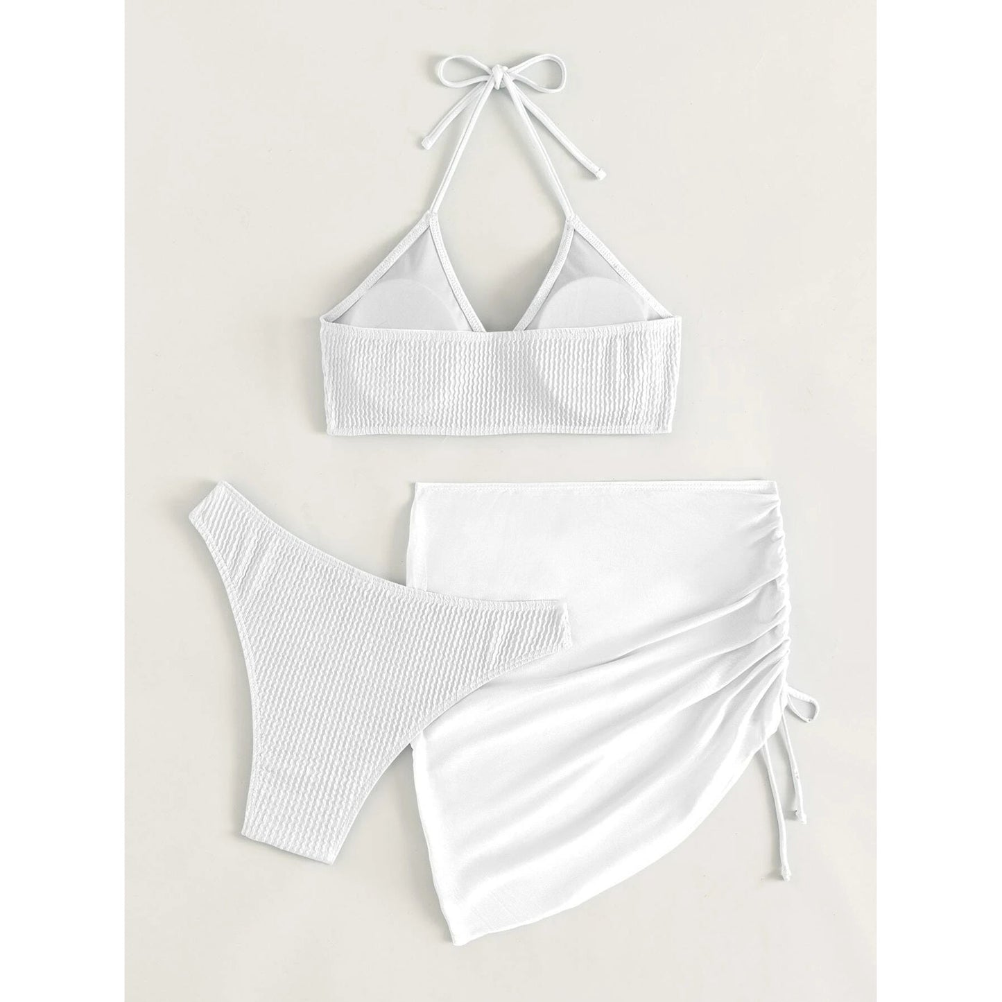 3-Pack: Textured Ring Linked Halter Bikini Swimsuit & Beach Skirt