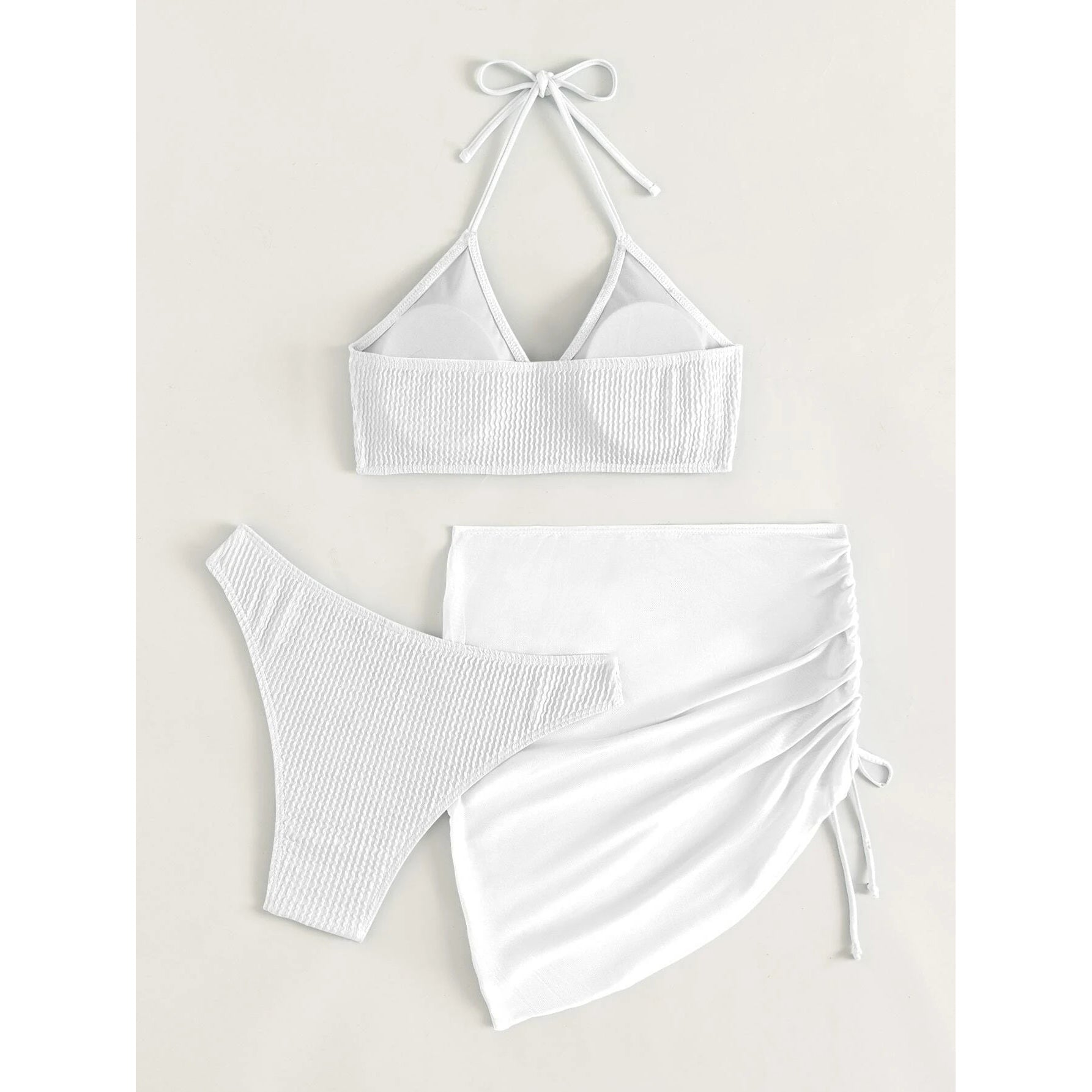 3-Pack: Textured Ring Linked Halter Bikini Swimsuit & Beach Skirt