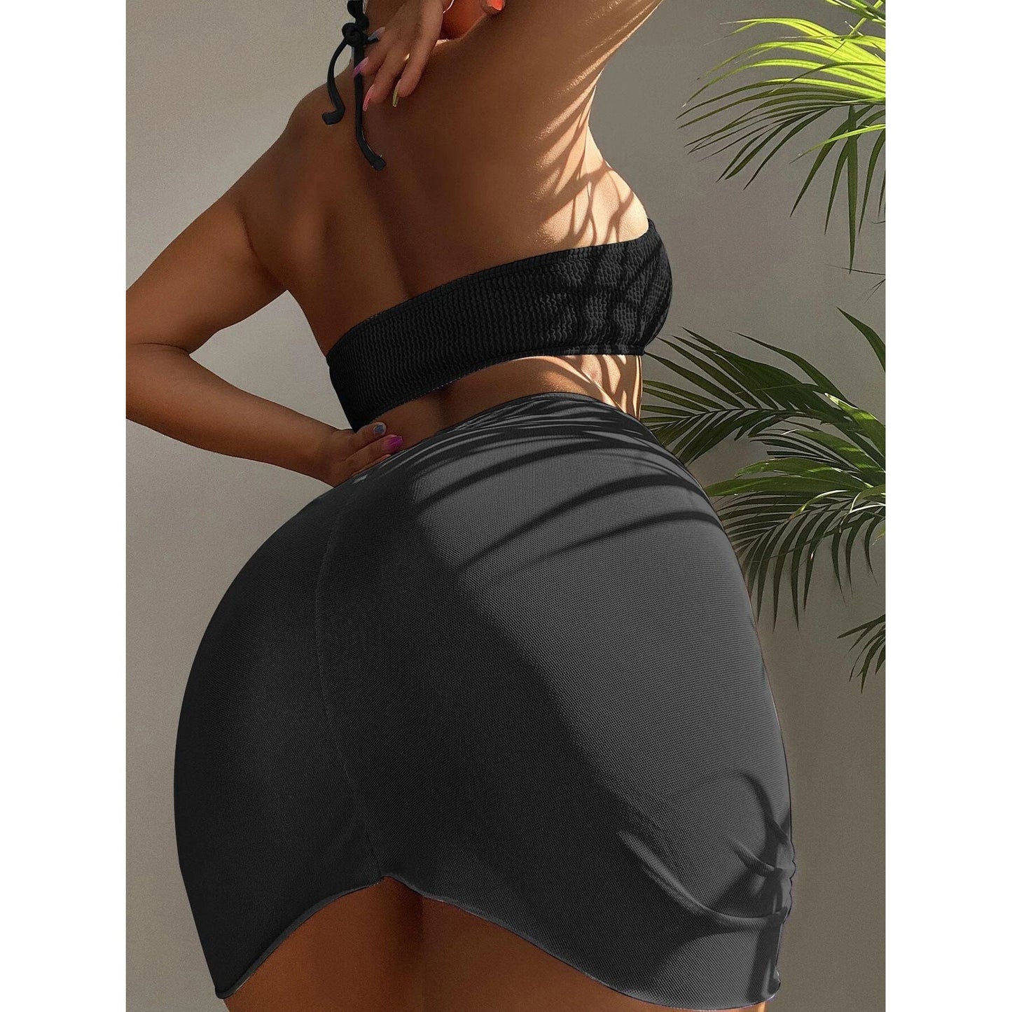 3-Pack: Textured Ring Linked Halter Bikini Swimsuit & Beach Skirt