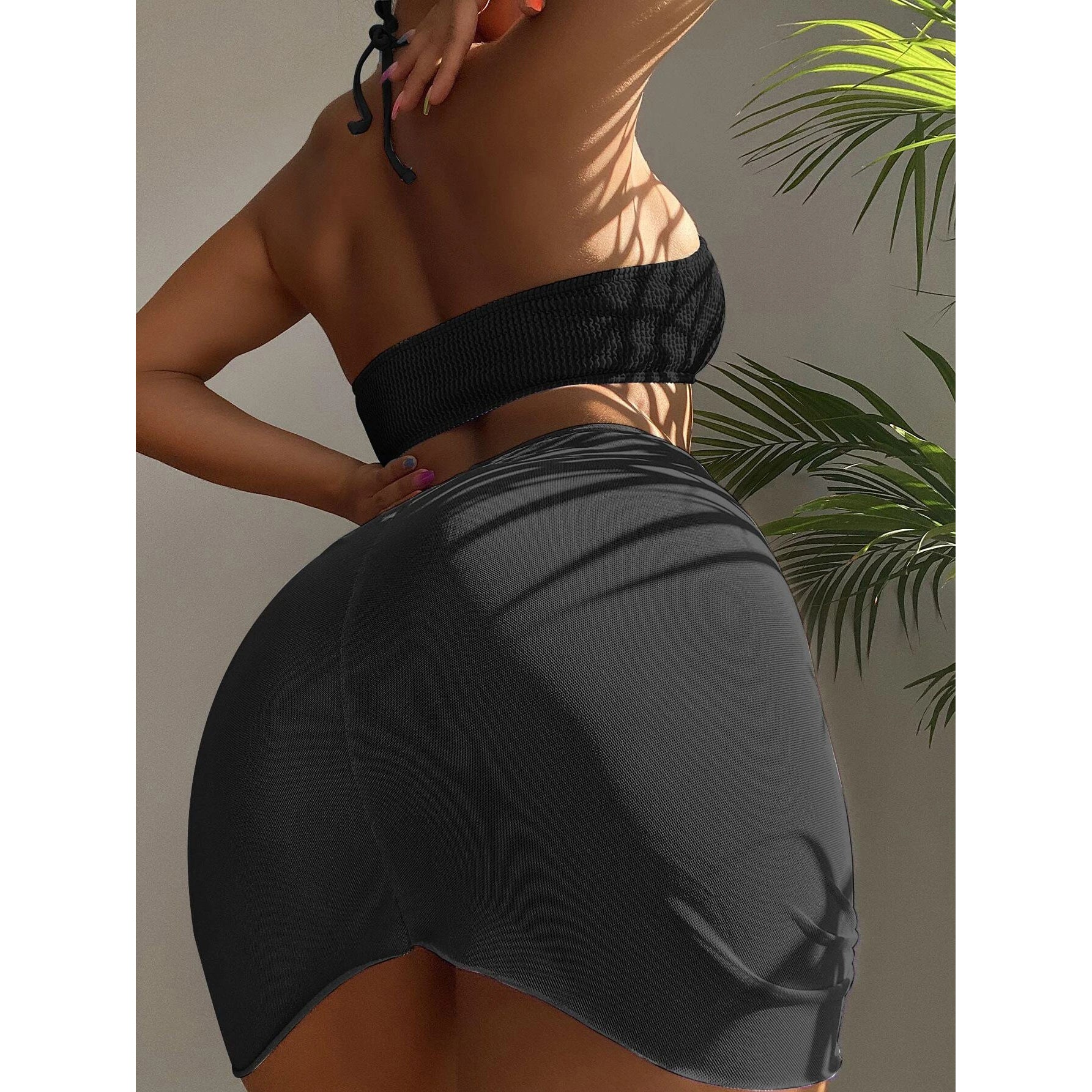 3-Pack: Textured Ring Linked Halter Bikini Swimsuit & Beach Skirt