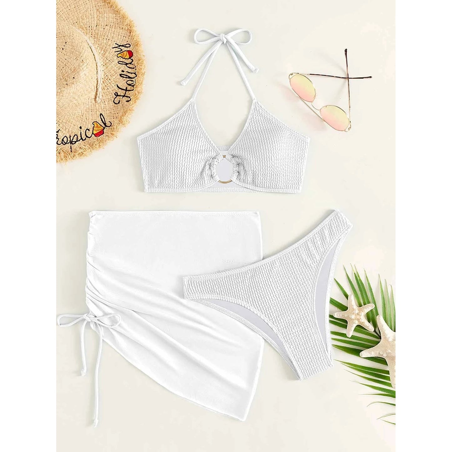 3-Pack: Textured Ring Linked Halter Bikini Swimsuit & Beach Skirt