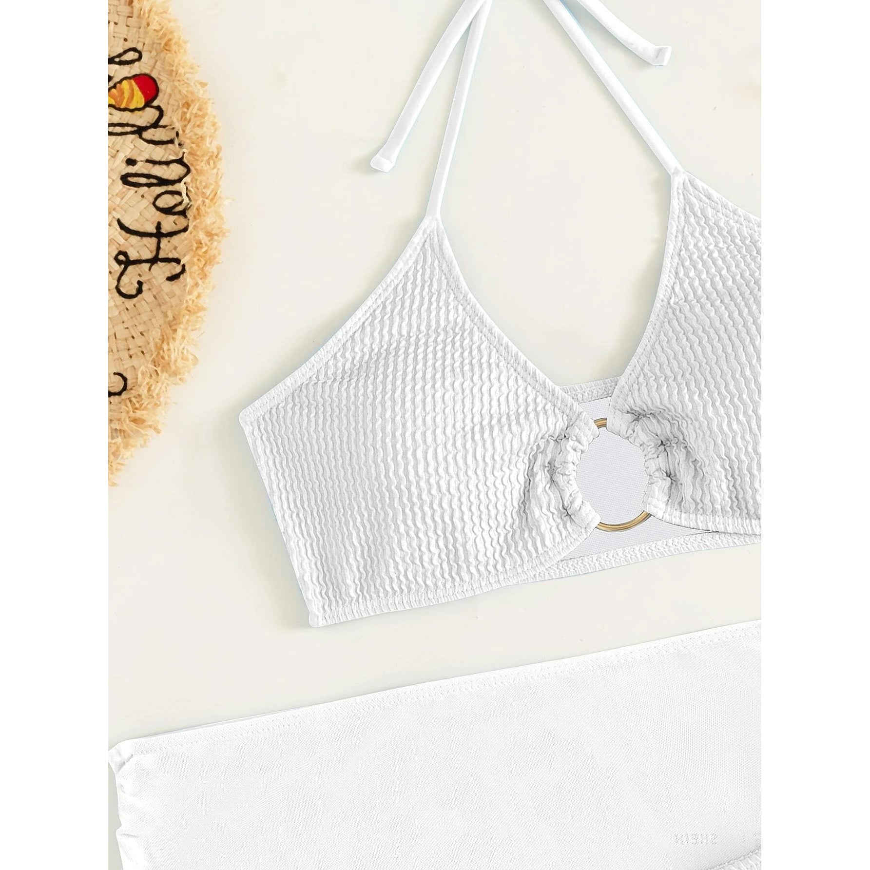 3-Pack: Textured Ring Linked Halter Bikini Swimsuit & Beach Skirt
