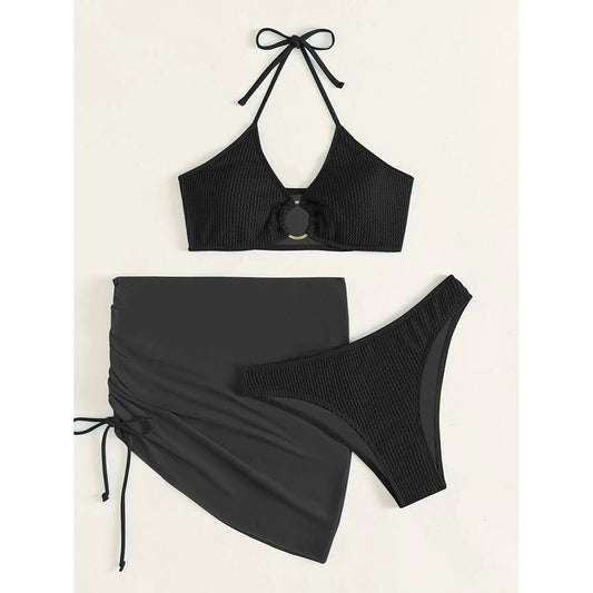 3-Pack: Textured Ring Linked Halter Bikini Swimsuit & Beach Skirt