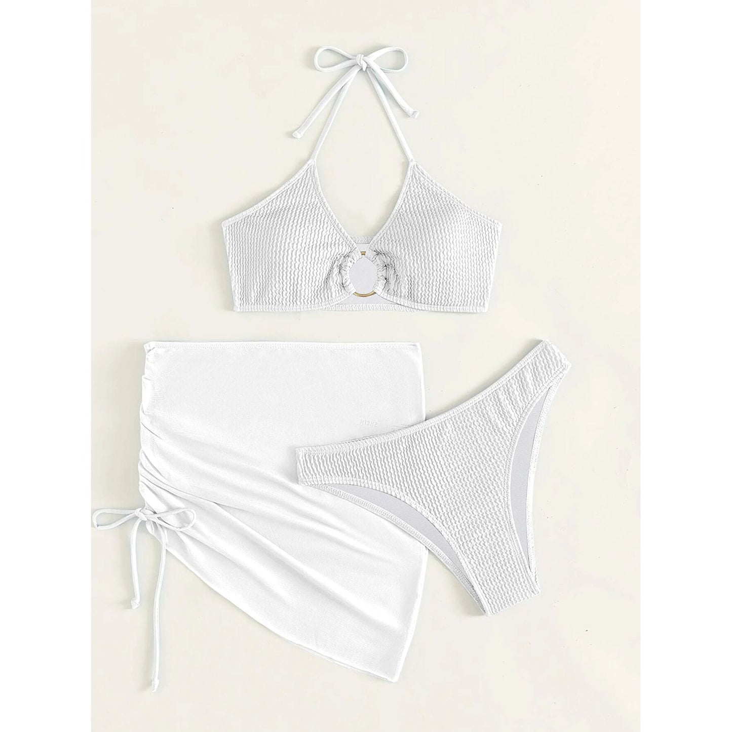 3-Pack: Textured Ring Linked Halter Bikini Swimsuit & Beach Skirt
