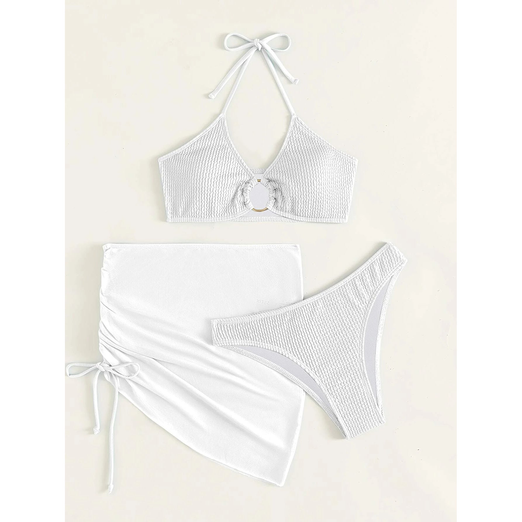 3-Pack: Textured Ring Linked Halter Bikini Swimsuit & Beach Skirt