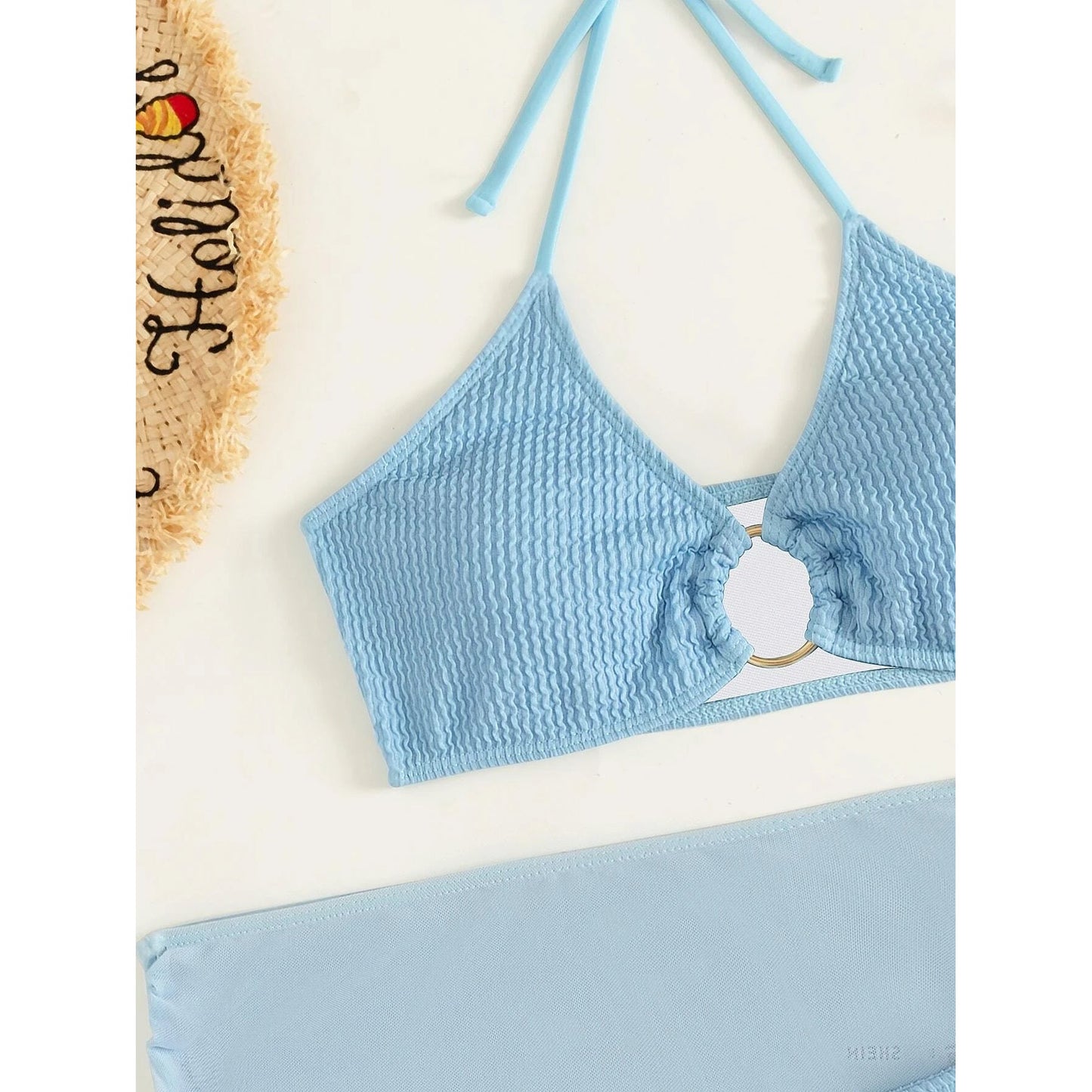 3-Pack: Textured Ring Linked Halter Bikini Swimsuit & Beach Skirt