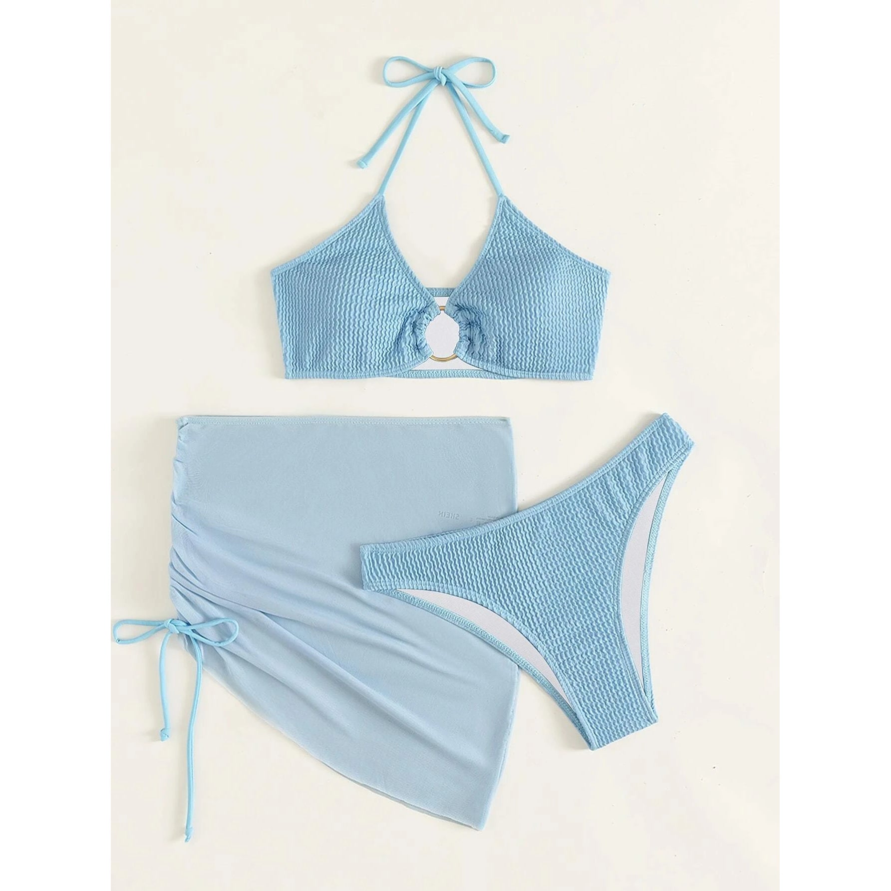 3-Pack: Textured Ring Linked Halter Bikini Swimsuit & Beach Skirt
