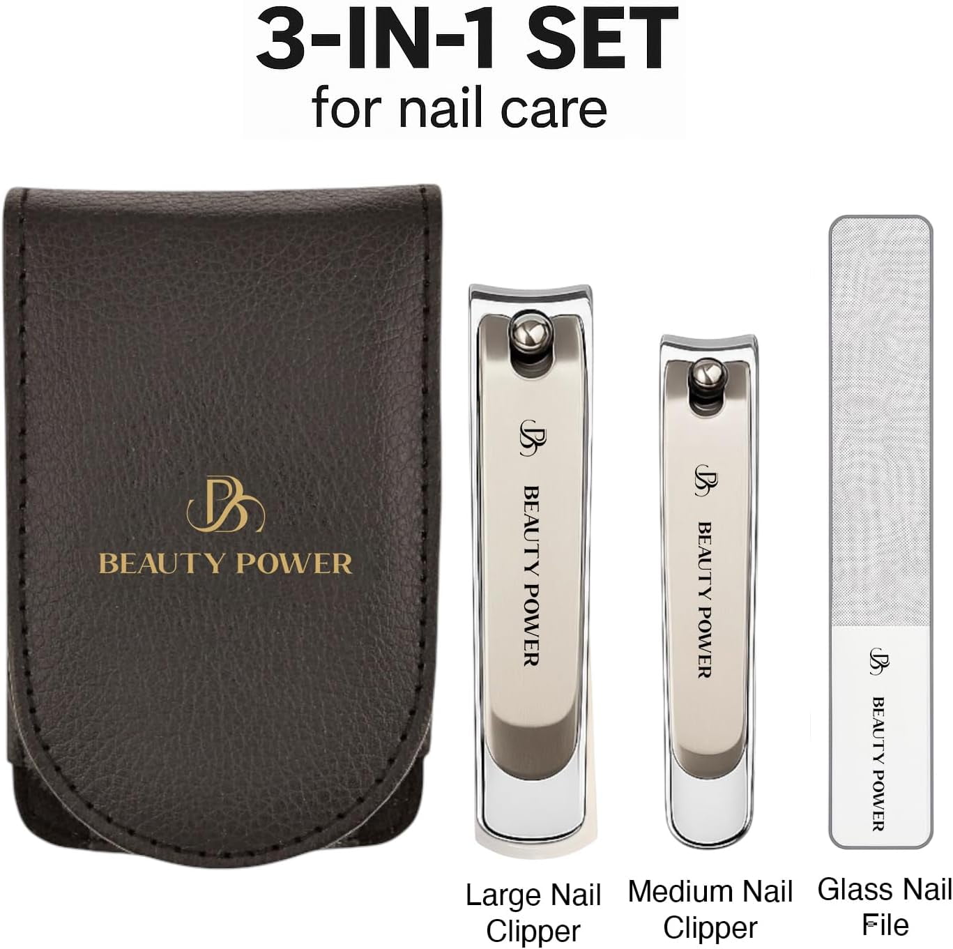 Beauty Power Nail Clippers Set 3 in 1 - Stainless Steel Toe Nail Clippers, Fingernail Clipper, Glass Nail File, Anti Splash, Ergonomic Grip in PU Leather Travel Case for Men & Women (Black)