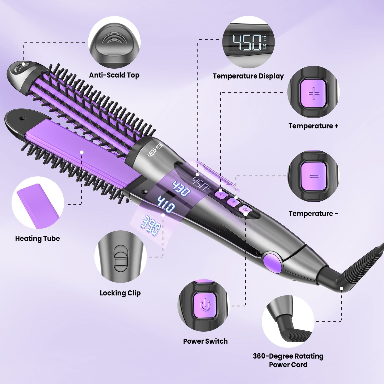 NEXPURE Curling Iron - 360° Styler Curling Iron, Titanium Hair Straightener and Curler 2 in 1 for Long-Lasting Curls, Smooth Straight Hair & Frizz-Free Styling, Purple