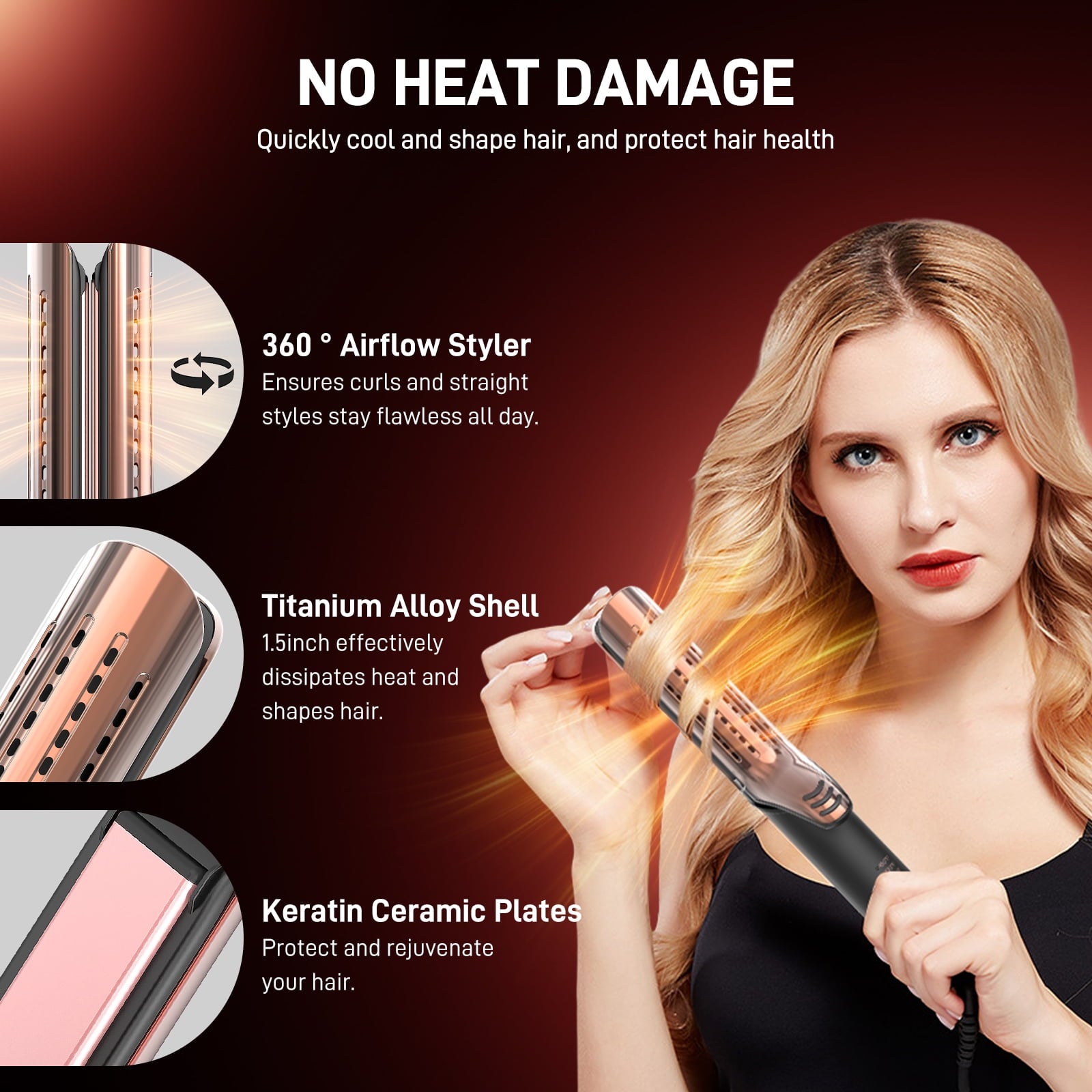 RACCOMB Salon 360° Airflow Styler, Makeup-Ready 2 in 1 Curling Iron & Hair Straightener, Ionic Keratin Hair Wand, Titanium Straight Flat Iron, Black+Gold