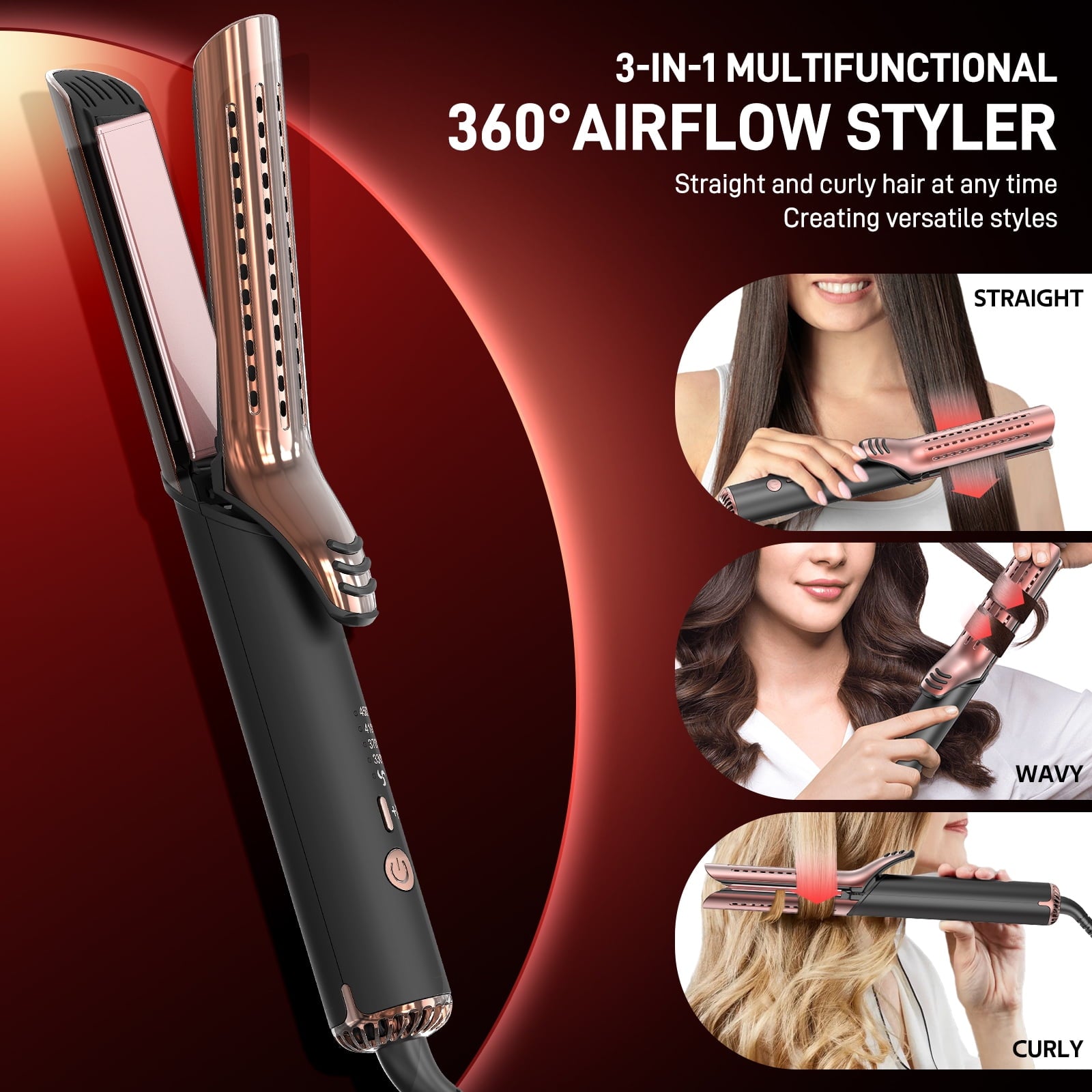RACCOMB Salon 360° Airflow Styler, Makeup-Ready 2 in 1 Curling Iron & Hair Straightener, Ionic Keratin Hair Wand, Titanium Straight Flat Iron, Black+Gold