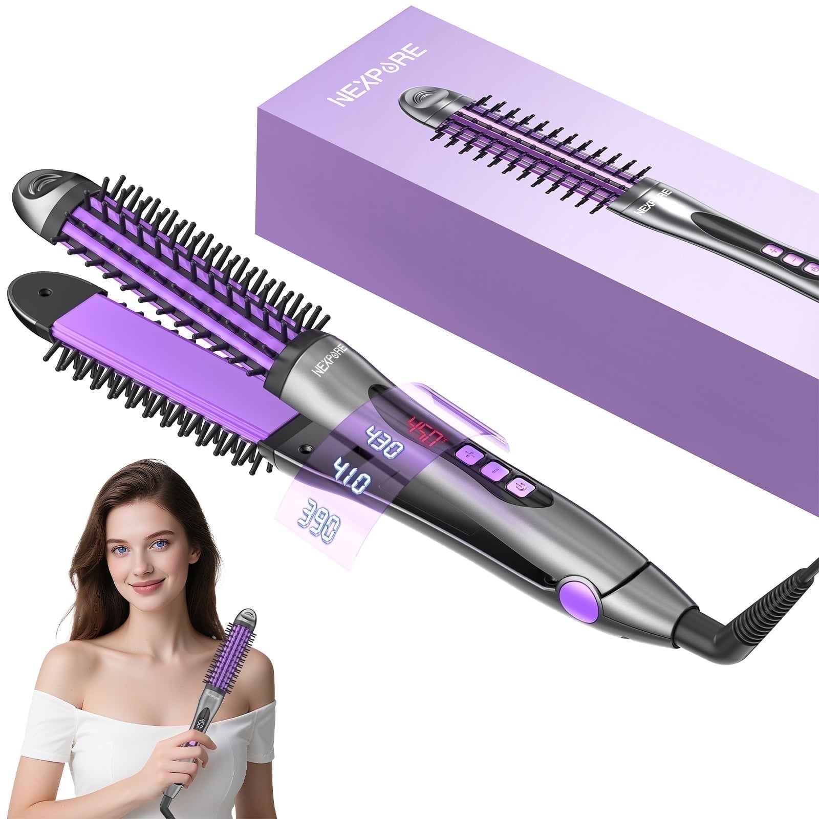 NEXPURE Curling Iron - 360° Styler Curling Iron, Titanium Hair Straightener and Curler 2 in 1 for Long-Lasting Curls, Smooth Straight Hair & Frizz-Free Styling, Purple