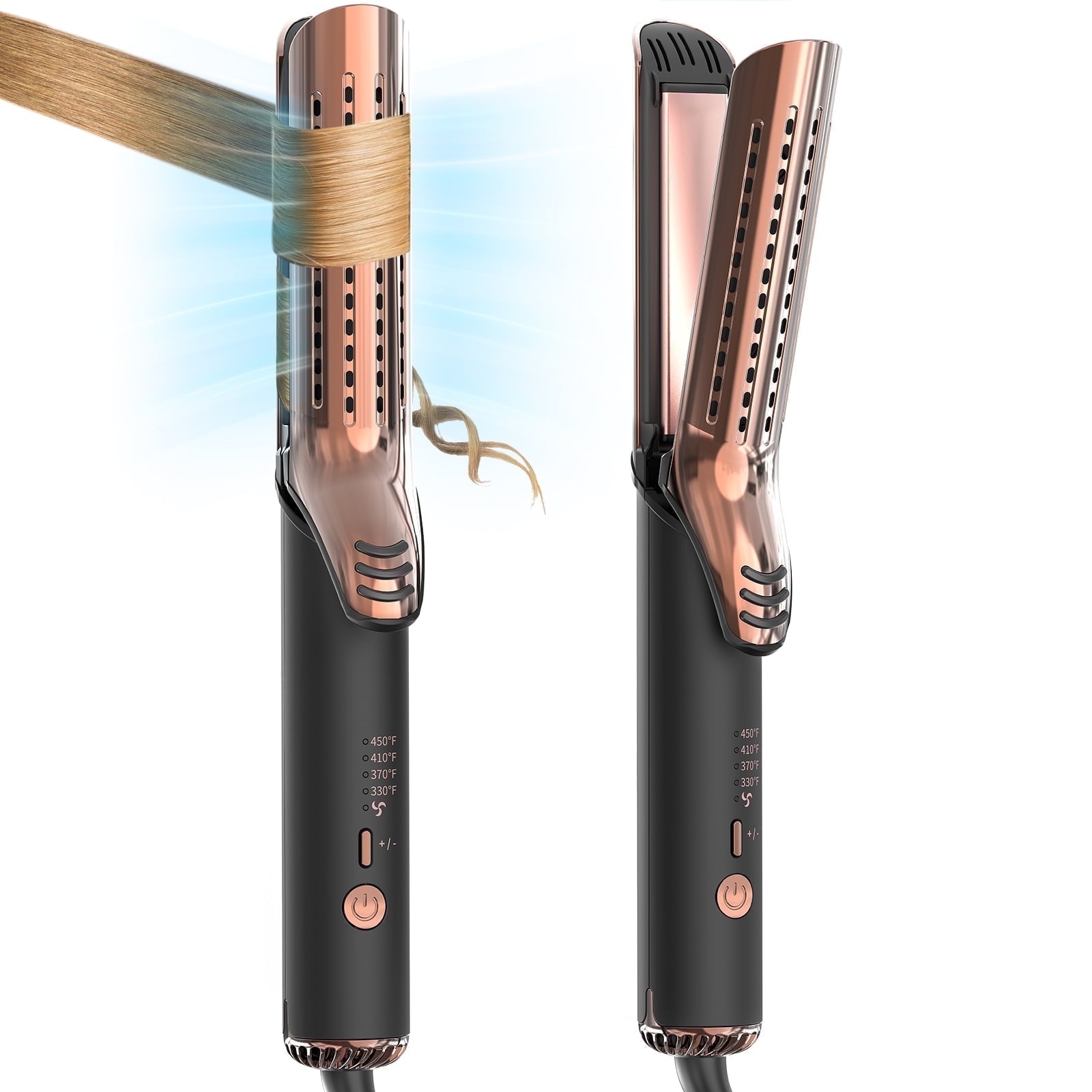 RACCOMB Salon 360° Airflow Styler, Makeup-Ready 2 in 1 Curling Iron & Hair Straightener, Ionic Keratin Hair Wand, Titanium Straight Flat Iron, Black+Gold