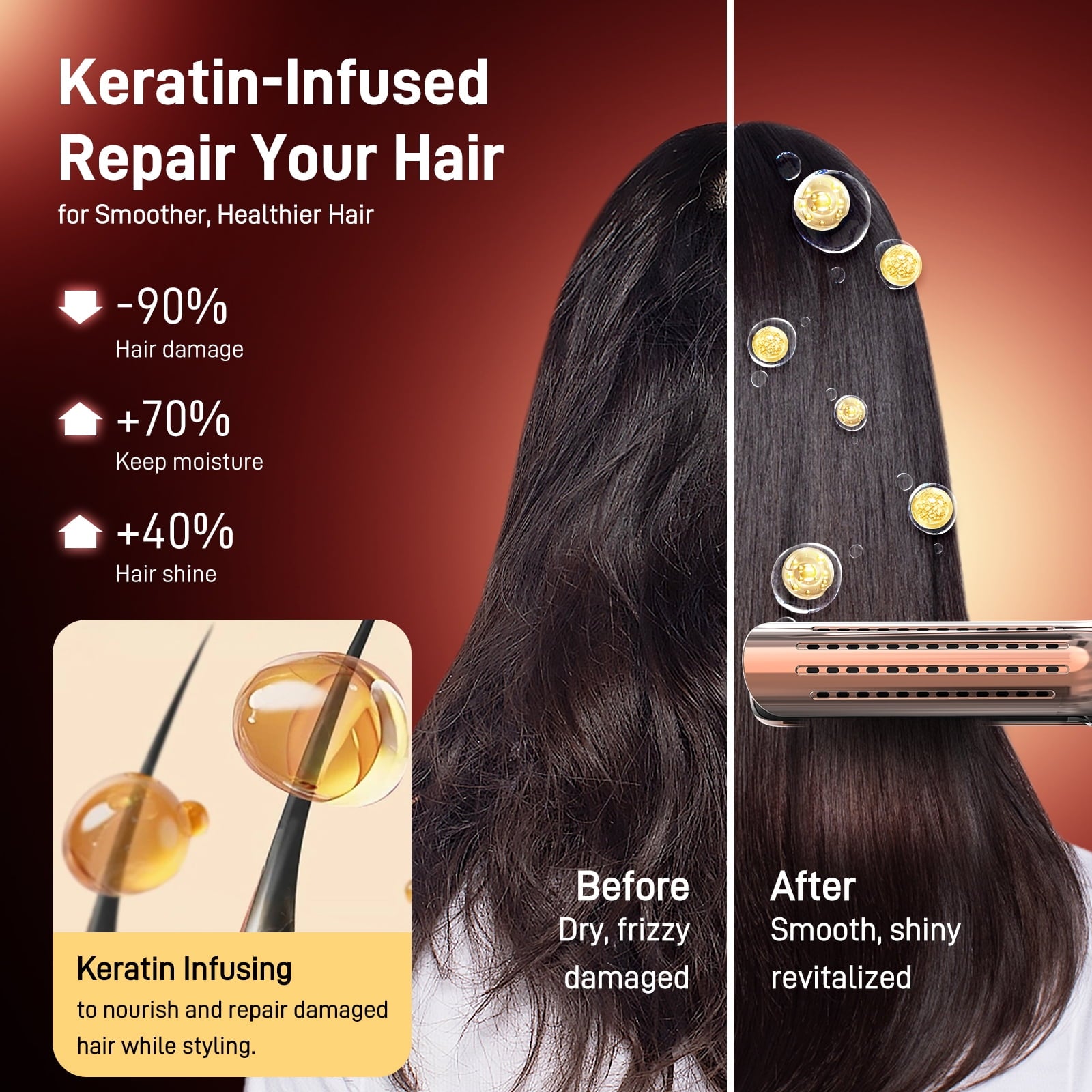 RACCOMB Salon 360° Airflow Styler, Makeup-Ready 2 in 1 Curling Iron & Hair Straightener, Ionic Keratin Hair Wand, Titanium Straight Flat Iron, Black+Gold