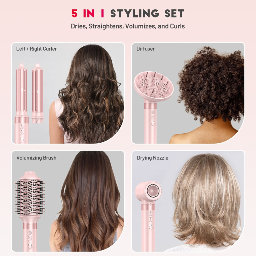 RACCOMB Professional 5 in 1 Hair Dryer Brush Set, High-Speed Hot Air Styler with Bag, Pink