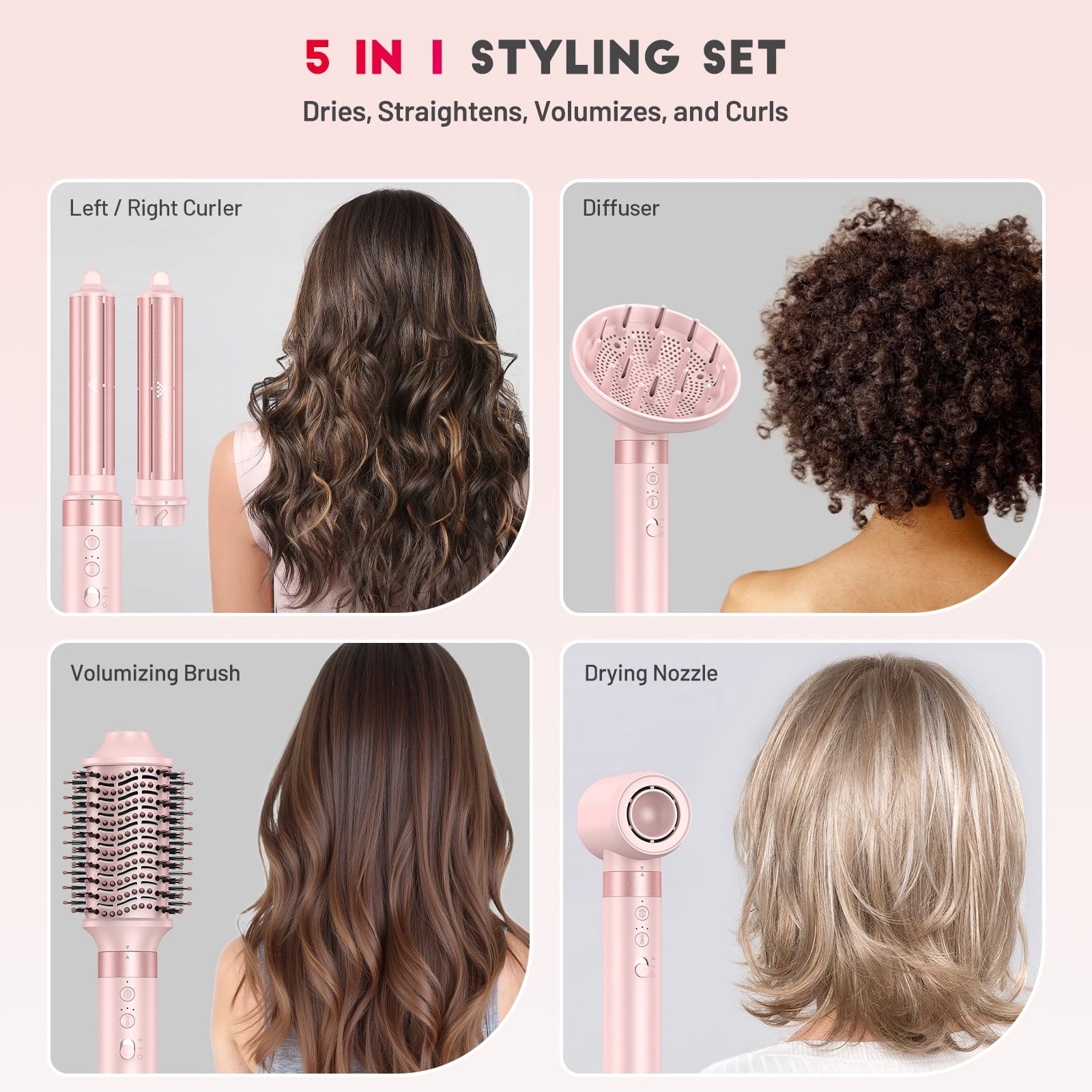 RACCOMB Professional 5 in 1 Hair Dryer Brush Set, High-Speed Hot Air Styler with Bag, Pink