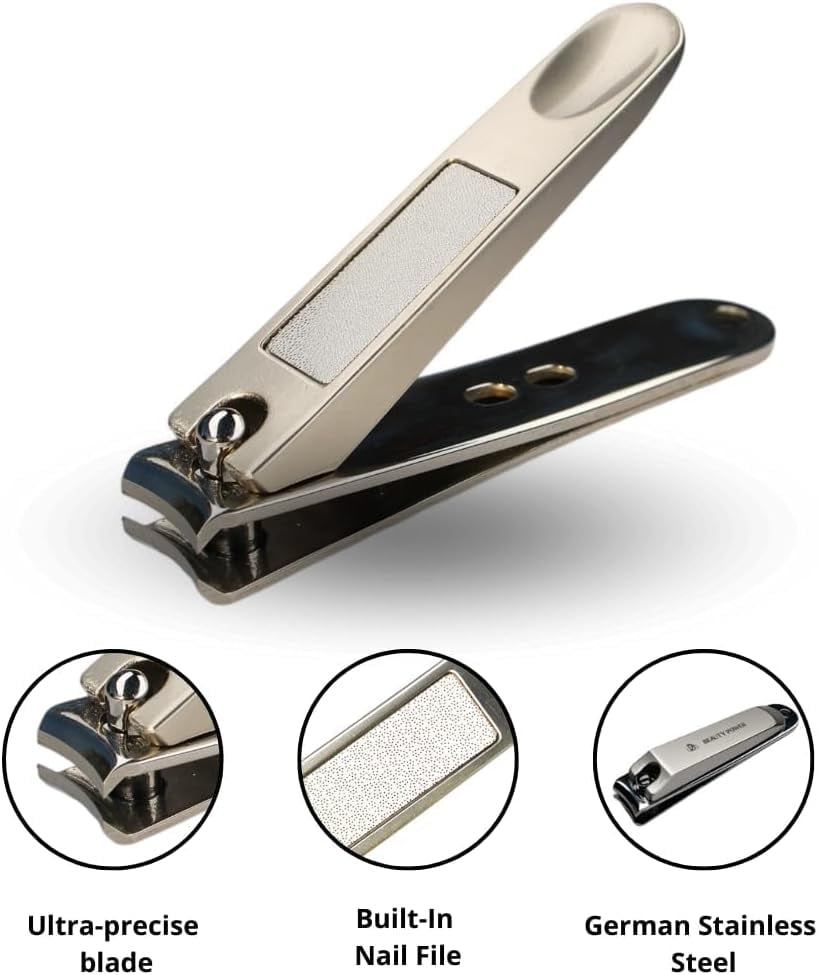 Beauty Power Nail Clippers Set 3 in 1 - Stainless Steel Toe Nail Clippers, Fingernail Clipper, Glass Nail File, Anti Splash, Ergonomic Grip in PU Leather Travel Case for Men & Women (Black)