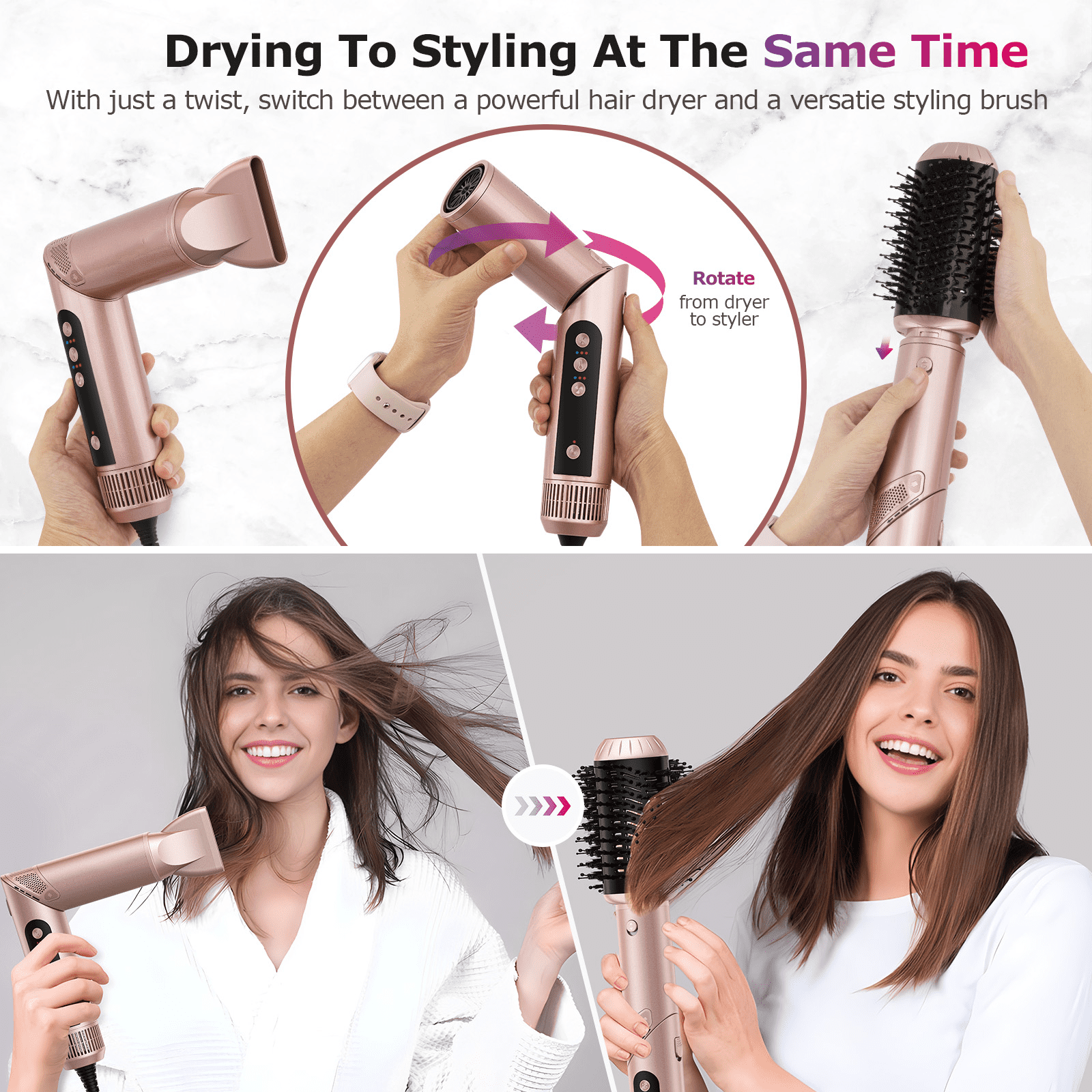 RACCOMB 5-in-1 Hair Styler, Air Styling & Drying System, Powerful Hair Dryer Brush & Multi-Styler with Auto-Wrap Curlers, Oval Brush, Hair Straightener, Portable Package